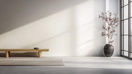 Stylish living room interior with minimalist furniture and decor. Mix of Japanese and Scandinavian minimalism composition