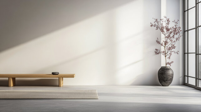 Fototapeta Stylish living room interior with minimalist furniture and decor. Mix of Japanese and Scandinavian minimalism composition