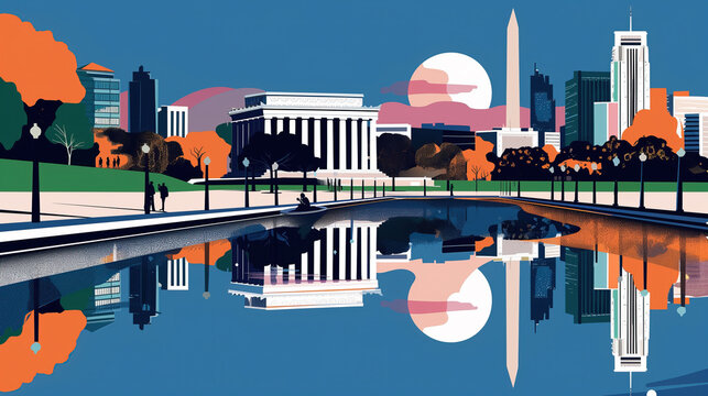 Vibrant cityscape with famous landmarks and colorful reflections