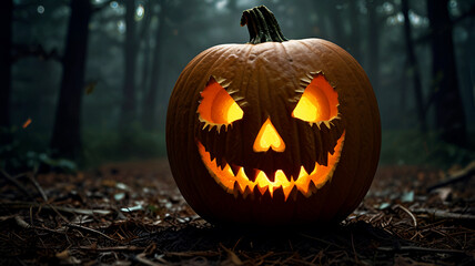 Halloween pumpkins in the forest at night. dry tree at full moon night. Ai Generative