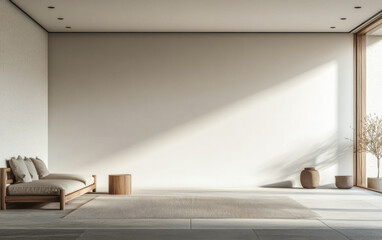 Fototapeta premium Stylish living room interior with minimalist furniture and decor. Mix of Japanese and Scandinavian minimalism composition