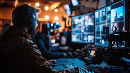A person operates video editing equipment in a studio, surrounded by monitors and cameras.