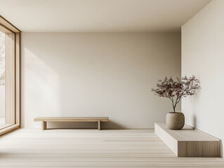 Stylish living room interior with minimalist furniture and decor. Mix of Japanese and Scandinavian minimalism composition