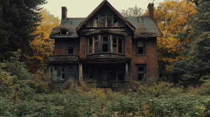 Fototapeta premium A haunted house with dark, shadowy figures visible in the windows, surrounded by overgrown weeds.