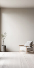 Stylish living room interior with minimalist furniture and decor. Mix of Japanese and Scandinavian minimalism composition