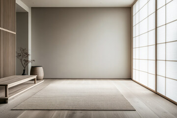 Fototapeta premium Stylish living room interior with minimalist furniture and decor. Mix of Japanese and Scandinavian minimalism composition