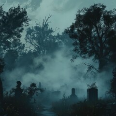Obraz premium Spooky Halloween graveyard mist