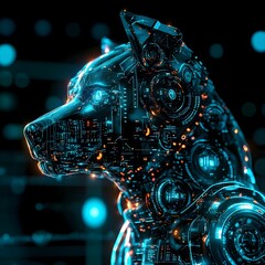 A dog with a metallic face and glowing eyes