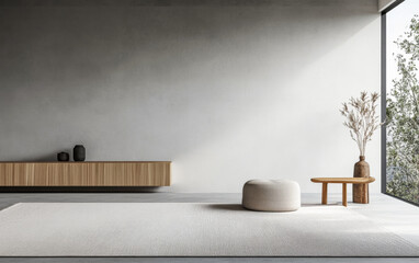 Stylish living room interior with minimalist furniture and decor. Mix of Japanese and Scandinavian minimalism composition