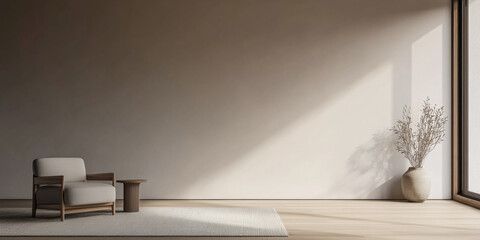 Stylish living room interior with minimalist furniture and decor. Mix of Japanese and Scandinavian minimalism composition