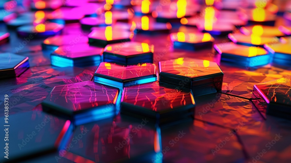 Wall mural abstract hexagon pattern with neon lights