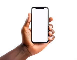 Close up of white hand holding modern smart phone mockup. New modern black frameless smartphone mockup with blank white screen