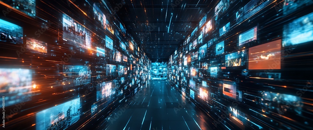 Wall mural digital data stream with multiple screens displaying content in a tunnel.