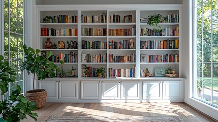 A white built-in bookshelf filled with windows, plants, and a warm hardwood floor, creating a cozy reading nook.