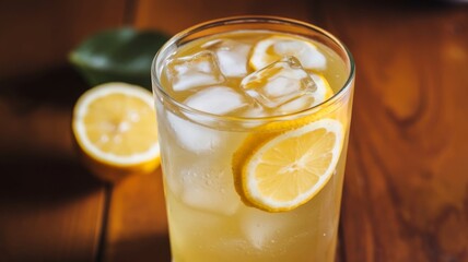 Chilled lemonade with ice cubes and lemon slices, perfect for a hot summer day