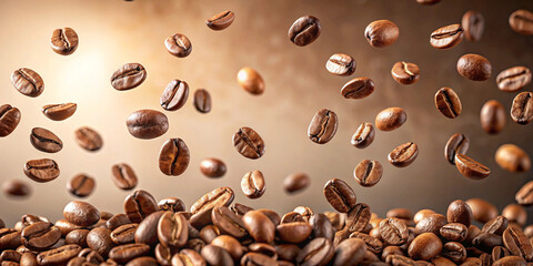 Food Mockup banner with flying coffee beans on beige color background. Panoramic view.