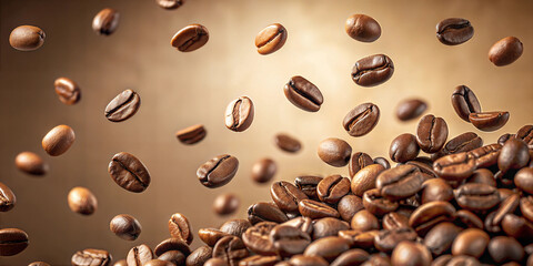 Food Mockup banner with flying coffee beans on beige color background. Panoramic view.