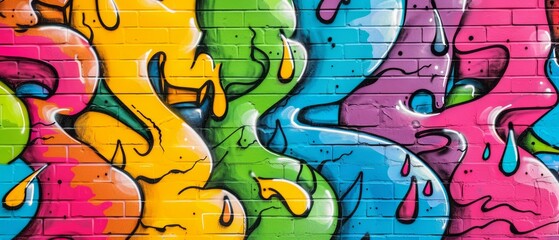 Obraz premium A brick wall featuring a colorful painting of a group in its center and an individual depicted in the painting, positioned at the middle