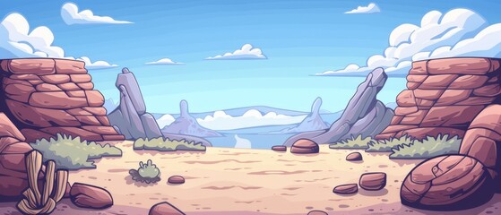 Desert landscape - Rocks, cacti, and distant mountains with cloud-studded sky