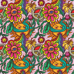 sun, rainbow, peace sign and plant abstract concept.  abstract colorfull acid psychedelic unique abstract repeatable seamless patern vector illustration