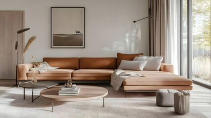 Fototapeta premium A modern living room featuring a cozy sectional sofa, coffee table, and natural light.