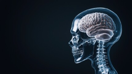 X-ray style illustration depicting a human skull and brain, showcasing detailed anatomy for educational and medical purposes.