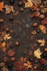 Assorted autumn leaves and pine cones scattered on forest floor, depicting the essence of the fall season?s natural beauty.