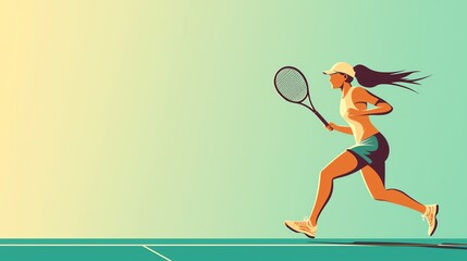 Dynamic illustration of a female tennis player sprinting on a court, showcasing athleticism and energy in motion.