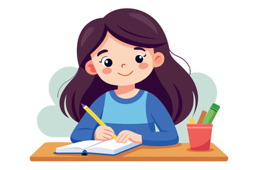 Cute brunette student girl sitting at desk writing in notebook