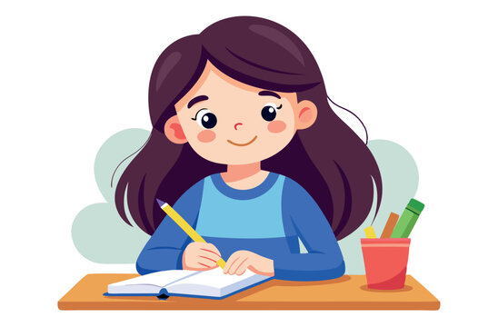 Cute brunette student girl sitting at desk writing in notebook
