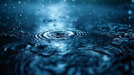 Raindrops Falling on Deep Blue Water Surface with Concentric Ripples and Soft Glow in Tranquil Setting