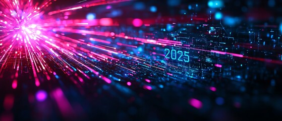 Obraz premium Dynamic abstract background with vibrant light rays and sparks representing futuristic vision for 2025.