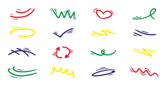 Doodle color comic movement effect set. Hand drawn effect manga elements set. Cartoon doodle anime icons.