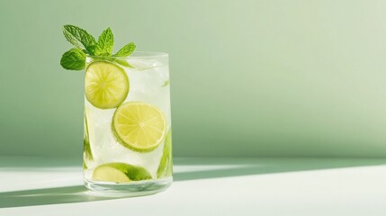 A refreshing glass of lime drink garnished with mint, perfect for summer.