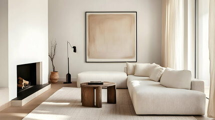 Fototapeta premium A modern living room featuring a minimalist design with neutral tones and natural light.