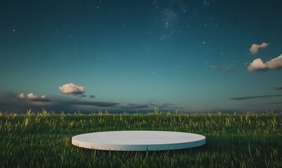 A minimalist night scene with a white circular platform set amidst lush, Generative AI