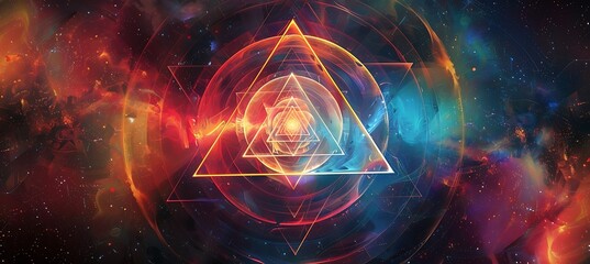 Converging triangles in cosmic with neon particles and lines, abstract artwork, abstract background, aesthetic wallpaper, abstract landscape 