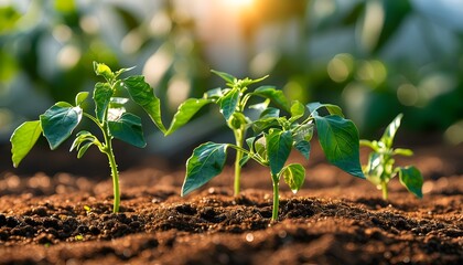 Vibrant young pepper seedlings thriving in sunlight within a greenhouse, showcasing rich brown soil and ample space for creative expression