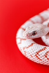 Fototapeta premium Close-up of a snake on a striking red background. Year of the Snake background. 