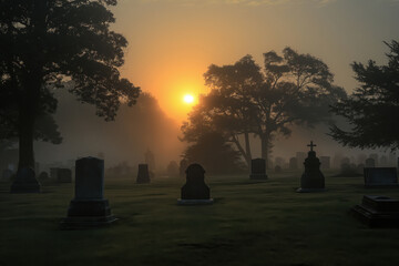 Misty cemetery with the sun rising behind the trees, casting long shadows on the grass