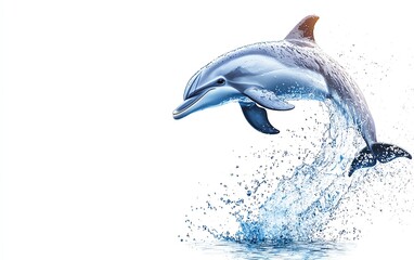 A dolphin gracefully leaps out of the water, creating a splash. This stunning image captures the beauty of marine life.