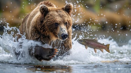  A large brown bear wades through a river, passing another bearing a fish in its jaws