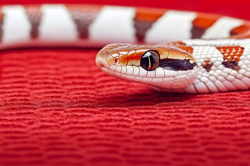 Fototapeta premium Close-up of a snake on a striking red background. Year of the Snake background. 