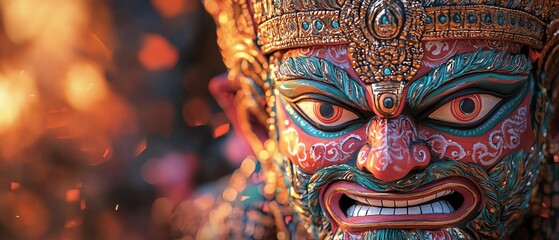 Fototapeta premium A vivid close-up of a colorful statue depicting fierce facial features, showcasing intricate designs and vibrant colors.