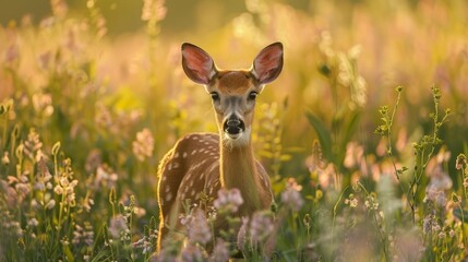  A tight shot of a deer amidst a floral field, surrounded by a hazy backdrop of grass and wildflowers