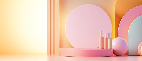 Stylish display with pastel colors and geometric shapes, perfect for beauty products or artistic presentations.