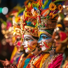 A row of performers in elaborate costumes and makeup, their faces painted with vibrant colors, are seen in profile. 