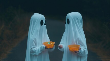 Children in ghostly outfits sharing Halloween treats, haunted night, nocturnal vibe, editorial shot, empty copy space for text