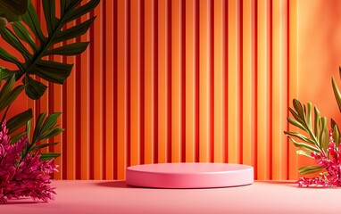 Vibrant studio scene with a pink platform and colorful striped backdrop, surrounded by lush tropical plants.