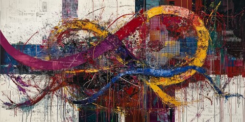 Obraz premium Abstract art with red, yellow, blue, and purple paint.